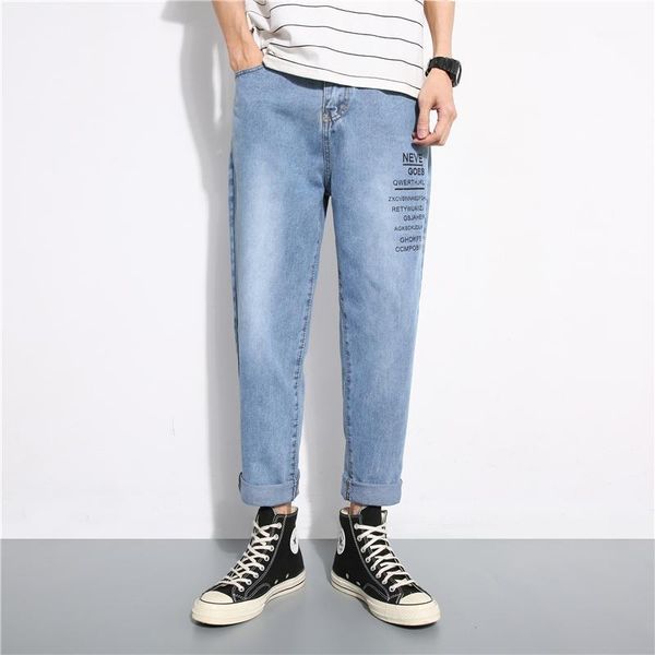 

autumn men slim harem jeans male casual regular fit baggy leggings cropped pants fashion print wide legs denim straight trousers1, Blue