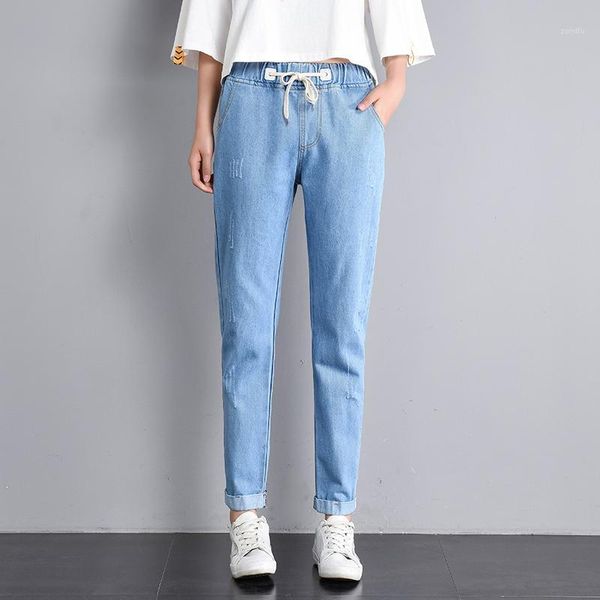 

jujuland 2018 women summer pants casual trousers for ladies blue ripped mid waist drawstring skinny denim calf length jeans1