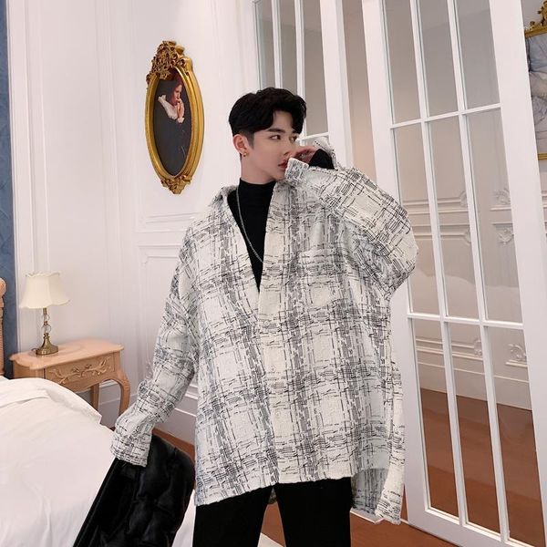 

male vintage streetwear hip hop thick shirt cardigan jacket men autumn oversize long sleeve loose casual plaid shirt coat1, White;black