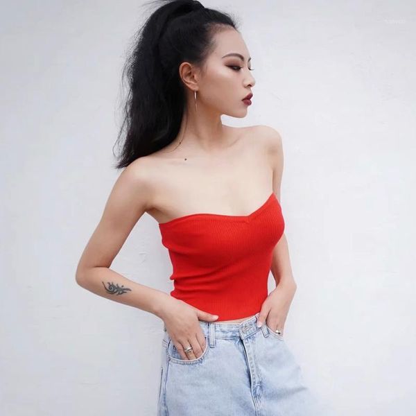 

basic sweetheart neckline knitted rib bandeau, White