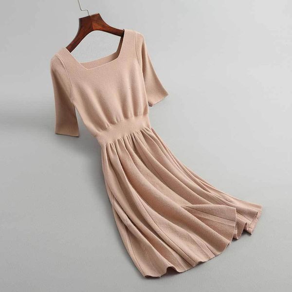 

2021 new knitted winter pure color half sleeve high pleated hem causal slim waist women female j77i, Black;gray