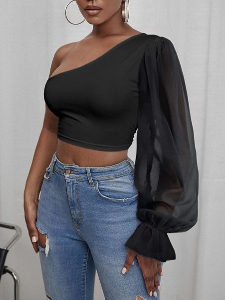 

solid one shoulder crop o2cz#, White