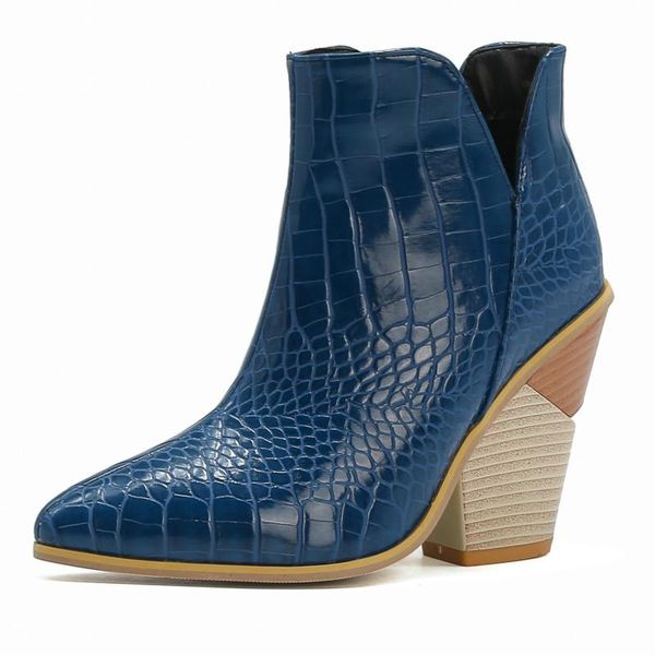 

boots cowboy women 2021 autumn shoes fashion wedge women's ankle snake leather water-proof blue short woman, Black