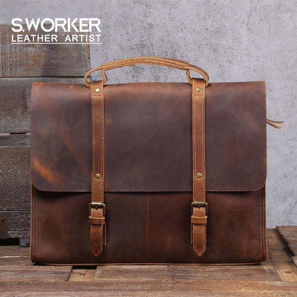 

s.worker vintage genuine leather men's briefcase lapcowhide messenger bag crazy horse leather handbag retro british style1