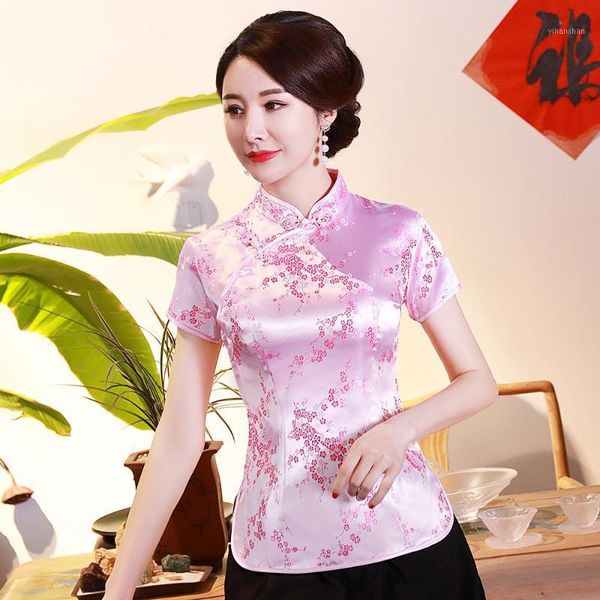 

oriental style ladies traditional shirt summer new flower rayon chinese blouse big size 3xl 4xl pink elegant tang clothes1, Red