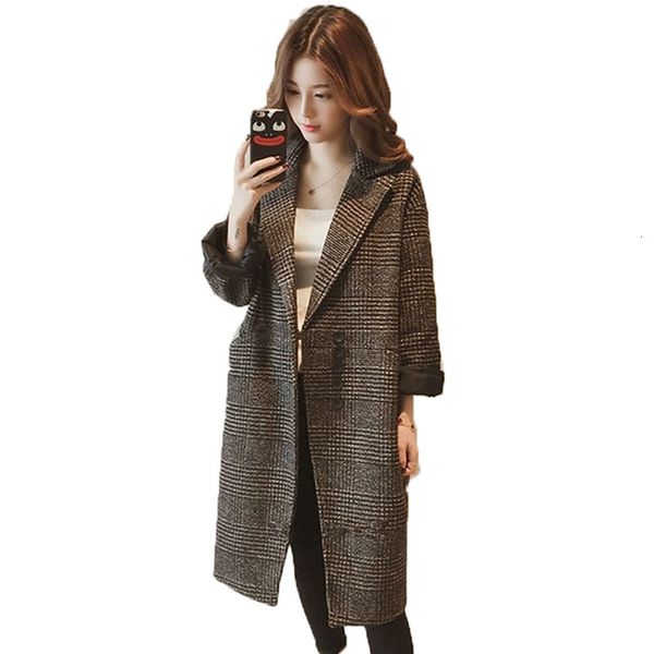 

2019 autumn winter woolen coat women's large size loose casual windbreaker lapel single-breasted plaid jacket outerwear fashion, Black