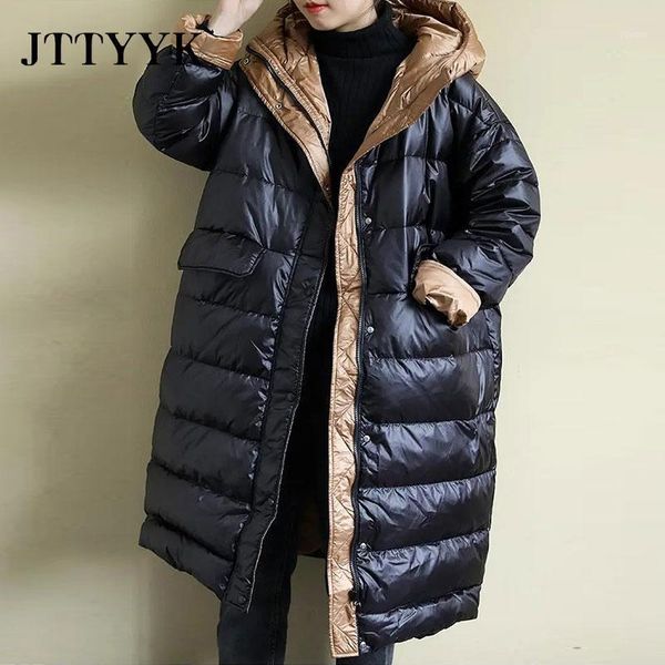 

2020 winter jacket women new shiny down coat female long down parka warm korean fashion bread service loose hooded coat oversize1, Black