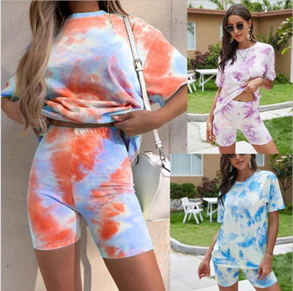 

tie dye print basic tshirt shorts two piece set women casual outfits lounge wear jogging femme biker shorts, Gray