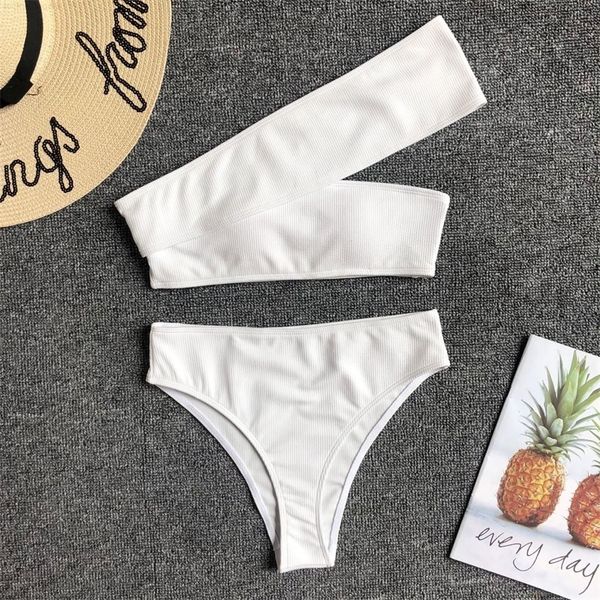 

factoryyljdirregular one shoulder bikini 8 colors swimwear solid women bandage split high waist swimsuit bathing suit beachwear, White;black