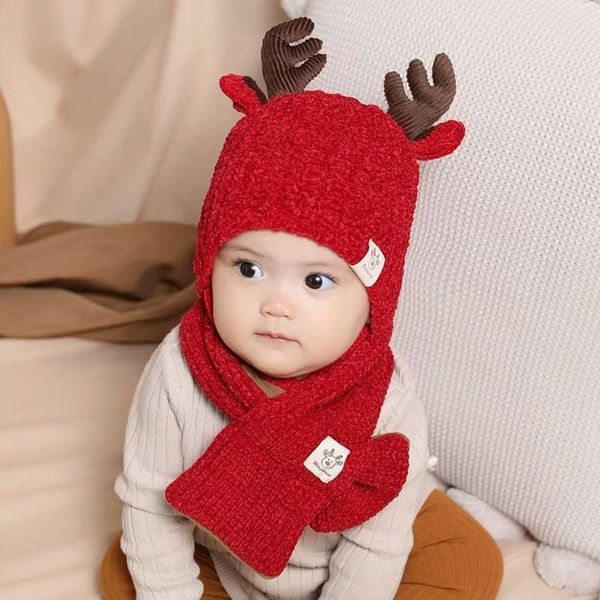 

baby ins cartoon new christmas winter fawn hat scarf set, Red;brown
