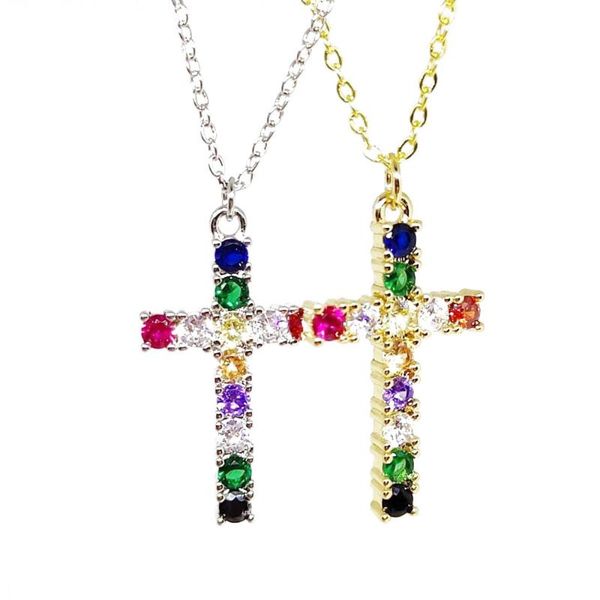 

cz rainbow cross pendant necklace women gold filled jewelry adjustable rainbow necklace gold christian jewelry collar arcoiris, Silver