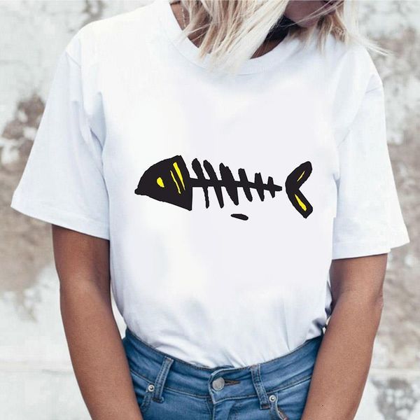 

женщины 2020 fashion harajuku смешные fishbonecartoon печатная футболка с коротким рукавом женская футболка с коротким рукавом мягкая женска, White