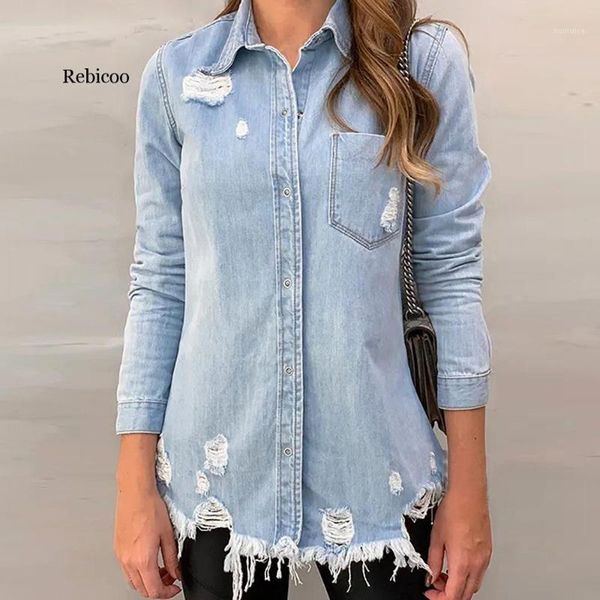 

fashion hole ripped denim blouse autumn clothing vintage women shirt casual slim jeans shirts button jean1, White