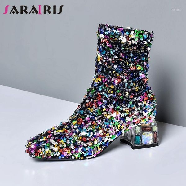 

sarairis bling girl color boots fahsion round toe slip on ankle boots women squaer heel party dress clubwear shoes woman1, Black