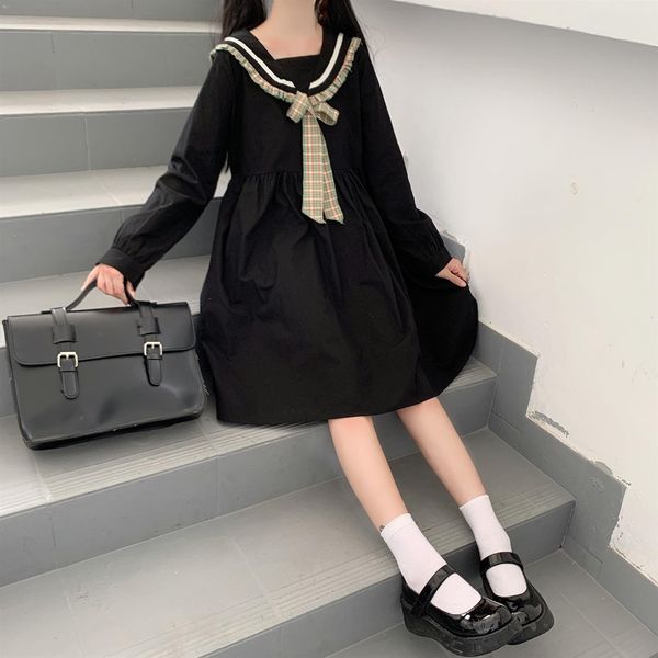 

2021 new japanese lolita gothic female autum new black doll collar full sleeve mini dress japan style kawaii clothes 0i2b, Black;gray