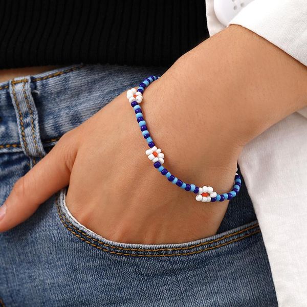 

2021 new korean cute flowers daisy bracelets colorful beaded handmade elastic wristband for women jewelry gifts, Black