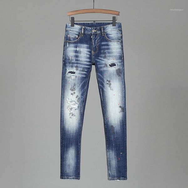 

european nightclub style brand blue mens stretch jeans men denim trousers patchwork slim blue jeans pencil pants for men 2391