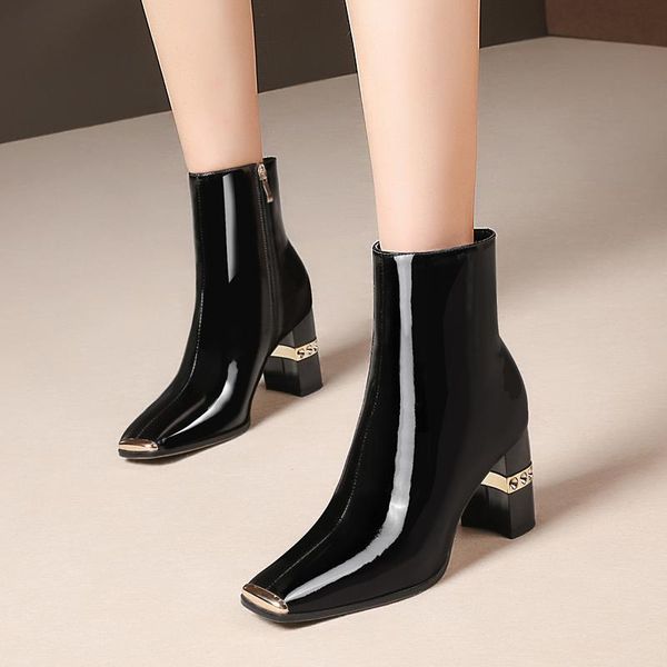 

fashion metal square toe women autumn winter ankle boots high heeled women boots party shoes woman zipper short, Black