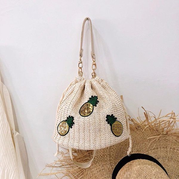 

women straw bucket bag fashion pineapple embroidery crossbody shoulder bags casual ladies purses and handbags bohemian beach bag