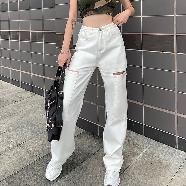 

womens autumn new arrival fashion hollow out jeans loose high waist slim pants solid color street casual wild trousers, Blue