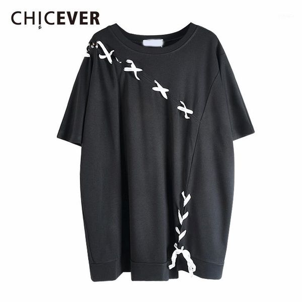 

chicever bandage bowknot t-shirt for women o neck short sleeve casual loose oversized shirts female 2020 summer clothes new1, White