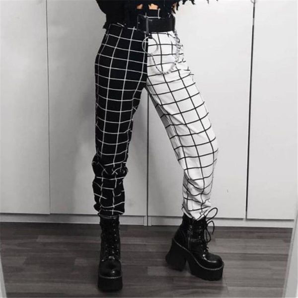 

nclagen 2020 checkerboard plaid casual cargo sweat pants women gothic streetwear fashion female high waist patchwork trousers1, Black;white