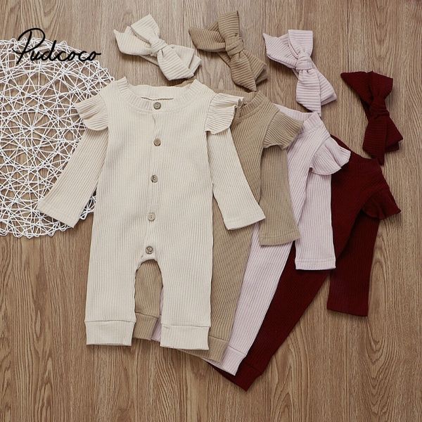 

pudcoco 2pcs newborn baby girl clothes outfit long sleeve solid knitting romper fly sleeve long pants jumpsuit striped set y200803, White