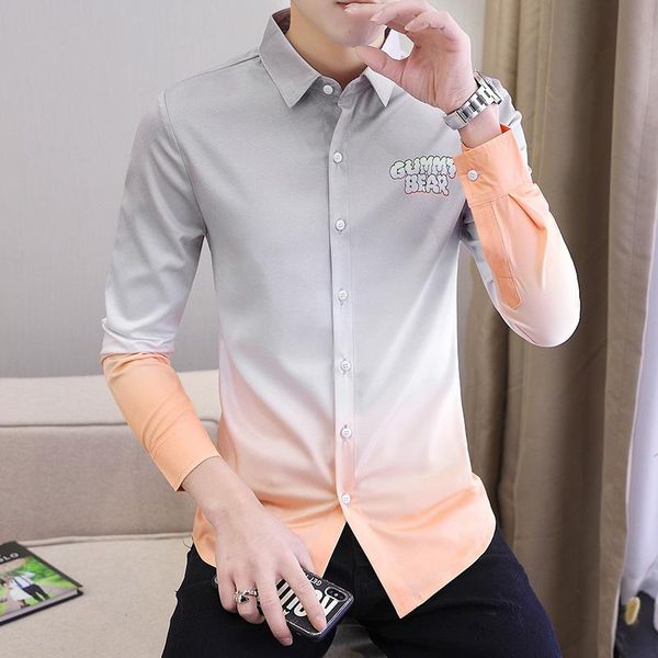 

slim fit shirts for men 2021 new casual solid long sleeve shirt gradient social party blouse homme male clothing, White;black