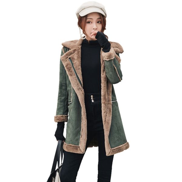 

2020 winter woolen coats women mid-long jackets casual new zipper outerwear deerskin velvet lamb wool thicken cotton womenx1020, Black