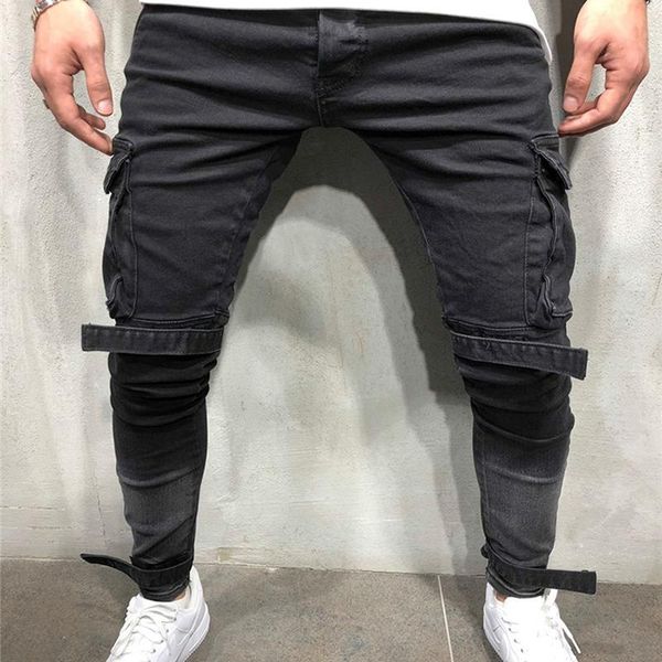 

men's jeans patchwork denim men pencil pants slim fit biker skinny casual jogger big side pocket hip hop black cargo trousers, Blue