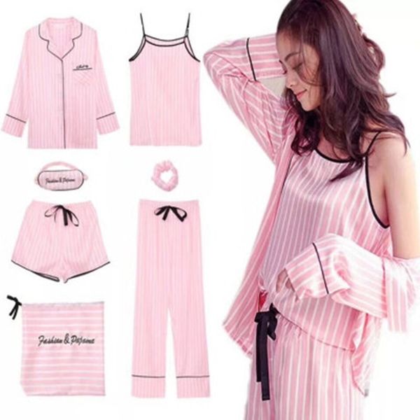 

pink striped pajamas silk satin femme pajama set 7 pieces stitch lingerie robe pyjamas women sleepwear pjs 201027, Black;red