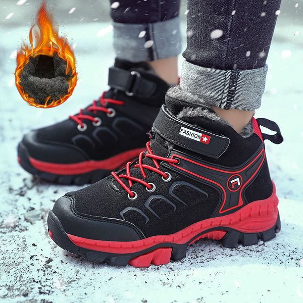 

winter kids hiking shoes super warm plus cotton anti-slip claw boy sneakers high waterproof child climbing trekking boots, Black