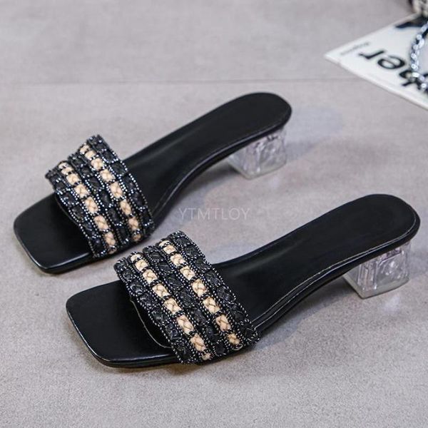 

slippers 2021 rhinestone women crystal diamond square heel gladiator mules for big size 35-44 zapatillas mujer casa, Black