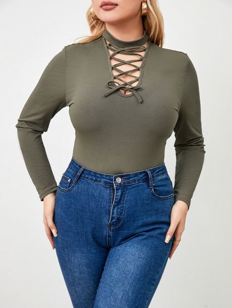 

plus lace up front mock neck bodysuit l3eb#, Black