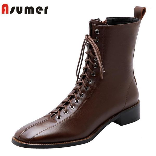 

boots asumer 2021 arrival ankle women genuine leather low heel casual shoes cross tied zip autumn winter short female1, Black