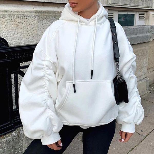 

autumn pleated hooded women's sweatshirt long sleeve drawstring pocket female hoodies solid streetwear casual loose lady clothes 201202, Black