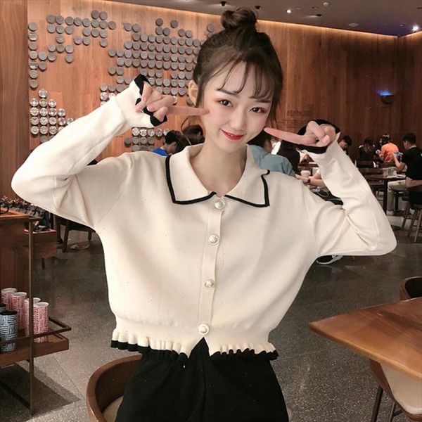 

women sweater elegant turn down collar button pullover female korean kawaii ladies knitted jumpers autumn winter clothing, White;black