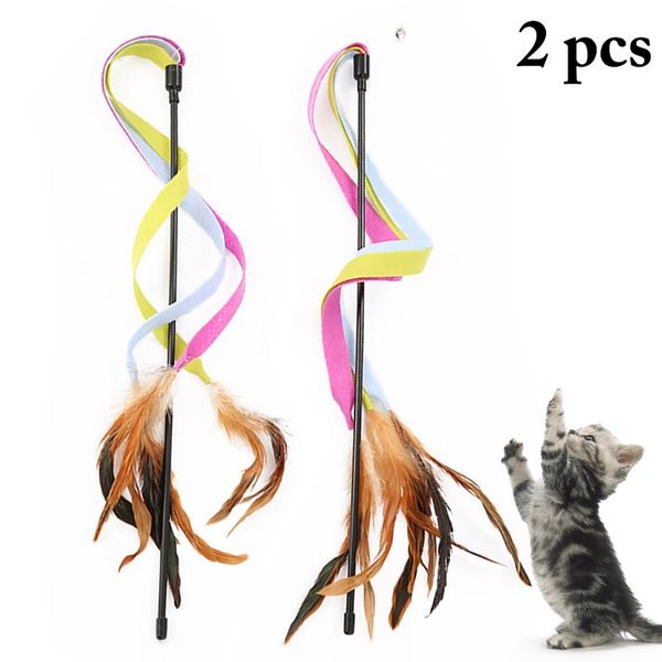 

cat toys 2pcs three colored cloths with feather bells teaser wand creative ribbon toy interactive