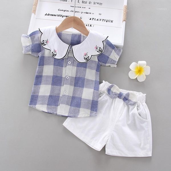 

clothing sets baby girls 2021 style summer children clothes cute plaid shirt + bow short pants 2pc kids sets1, White