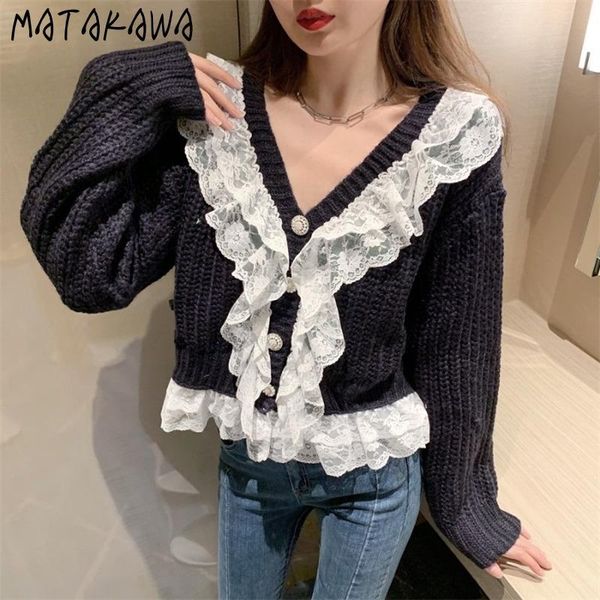 

women's knits & tees matakawa ruffled lace long-sleeved cardigan jacket coat autumn and winter v-neck loose knit sweater fall 2021 wome, White