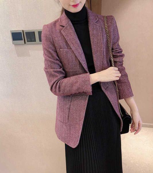 

woolen jacket 2021 new spring slim suit short design women's clothing with pockets, Black