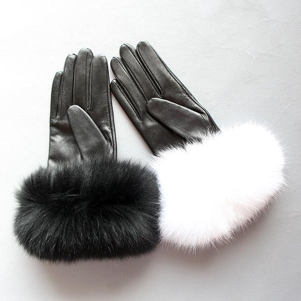 Пять пальцев перчатки Maylofuer подлинный из овчины кожаный сенсорный экран волос манжеты женщины теплые зимой черный