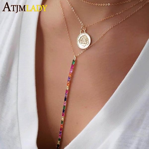 

2020 trendy fashon gold color rainbow colorful baguette cubic zirconia long drop cz y shape women multi layer choker necklace, Golden;silver