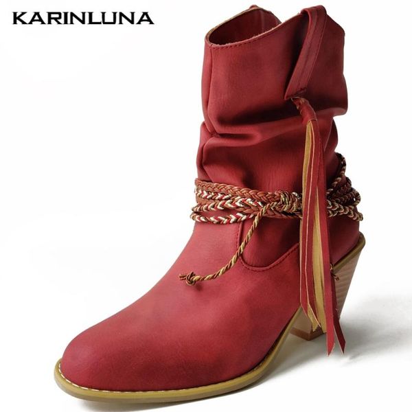 

karin 2020 fashion brand shoes vintage ankle boots roud toe fringe ankle strap chunky heels casual women shoes, Black