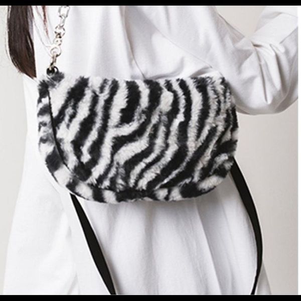 

winter faux fur female messenger bags zebra pattern soft plush women handbags fashion chain ladies small shoulder crossbody bag