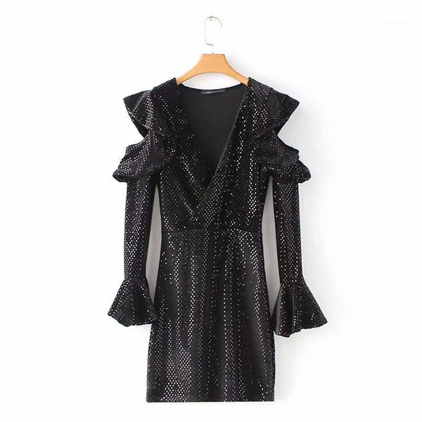 

casual dresses 2021 women fashion deep v neck flare sleeve velvet sequined dress high street chic ruffles vestidos slimming ds17031, Black;gray