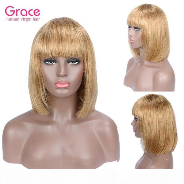 

#27 short human hair wig pixie cut peruvian remy straight bob wigs with bangs for black women honey blonde glueless non lace front wig, Black;brown