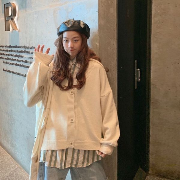 

2pudn твердой осень 2019 версии нового корейского трикотажа пальто трикотаж свитера сыпучих случайные женщины цвета v-образный вырез с длинн, White;black