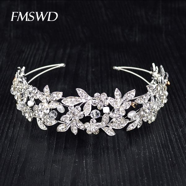 

new rhinestone crystal tiara pearl princess headband for bride hair accessories queen wedding diadem hair jewelry headpiece y200409, Slivery;golden