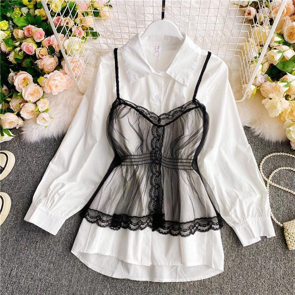 

autumn new korean style loose fresh lantern sleeve white shirt + sling lace shirt two-piece set for women1